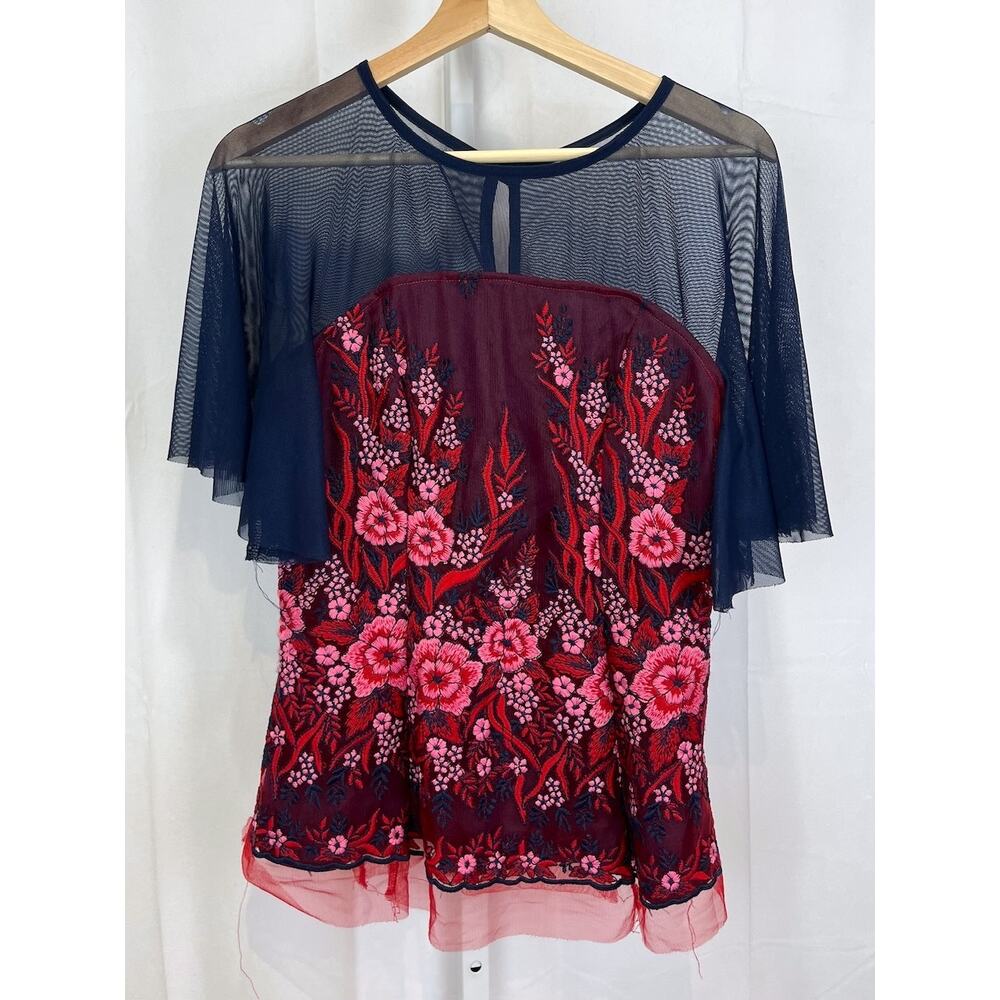 EVA FRANCO Size S Anthropologie Tara Embroidered Top Mesh Short Sleeve Blue Pink